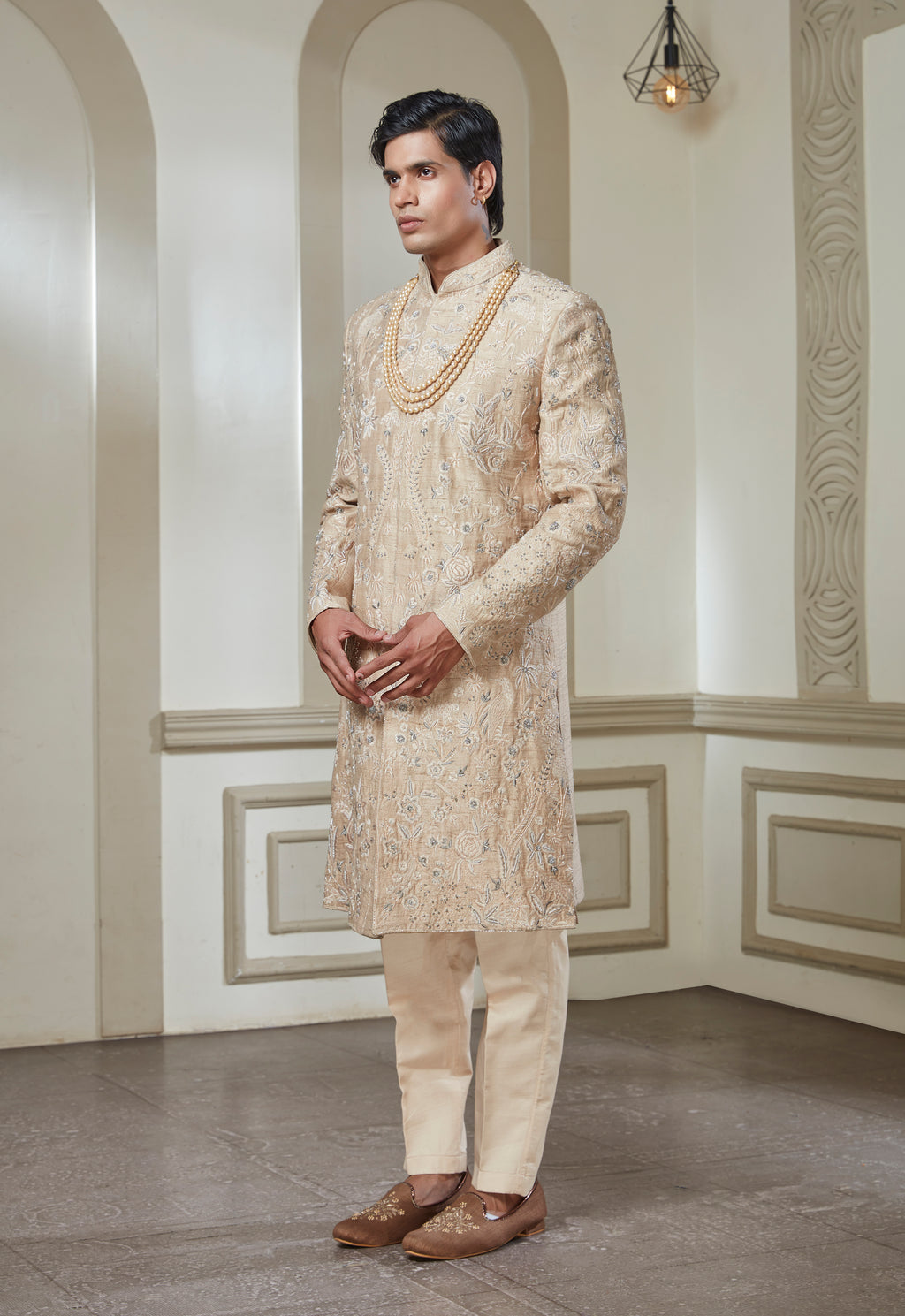 Beige Embroidered Sherwani Set