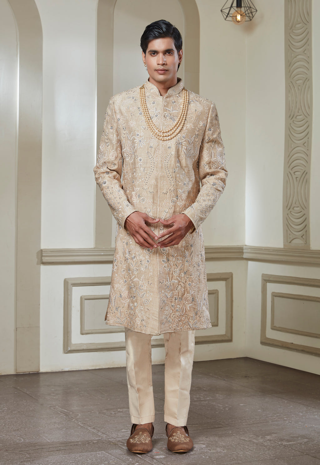 Beige Embroidered Sherwani Set