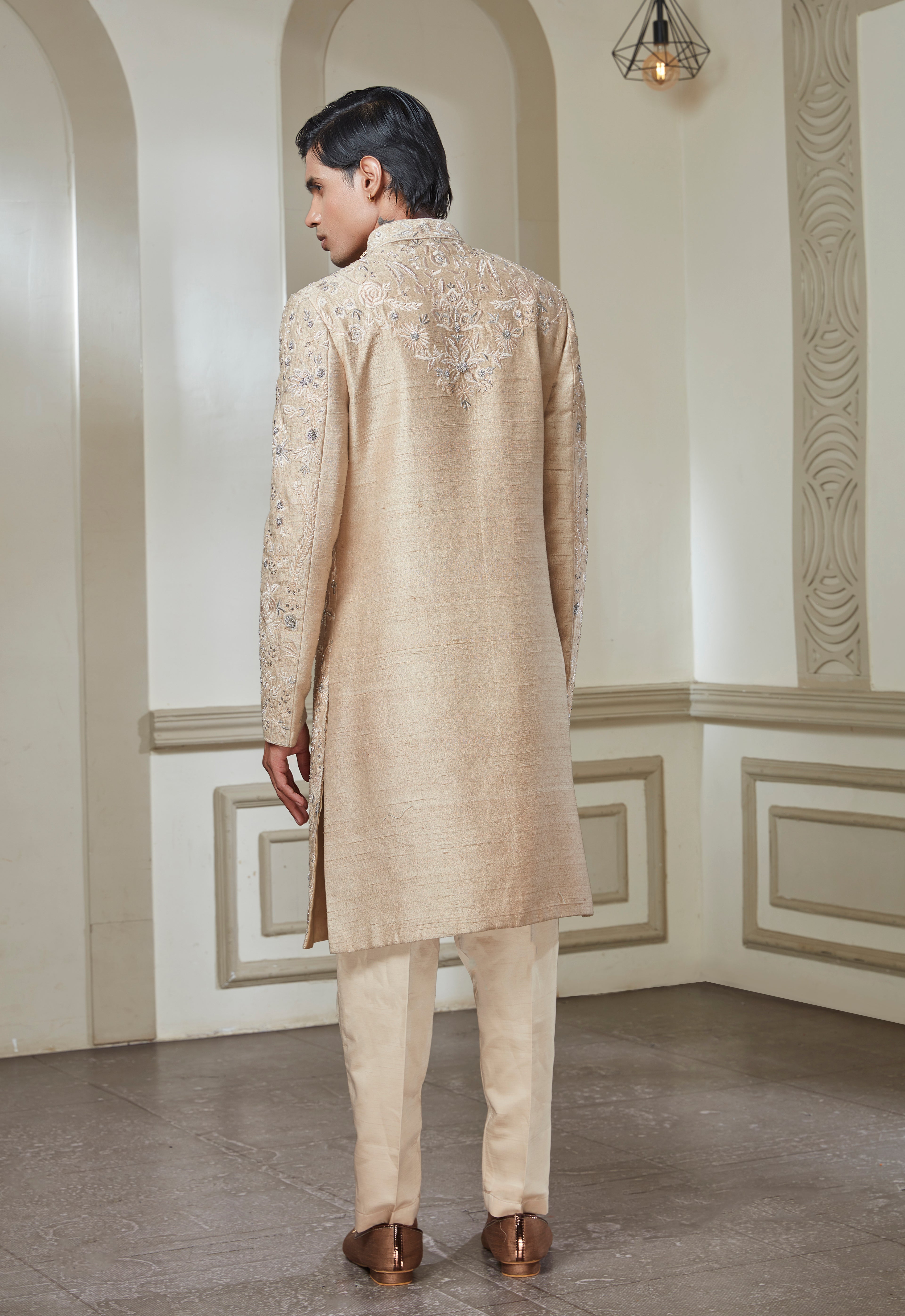 Beige Embroidered Sherwani Set