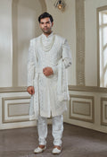 Off White Silk Embroidered Sherwani Set