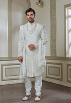 Off White Silk Embroidered Sherwani Set