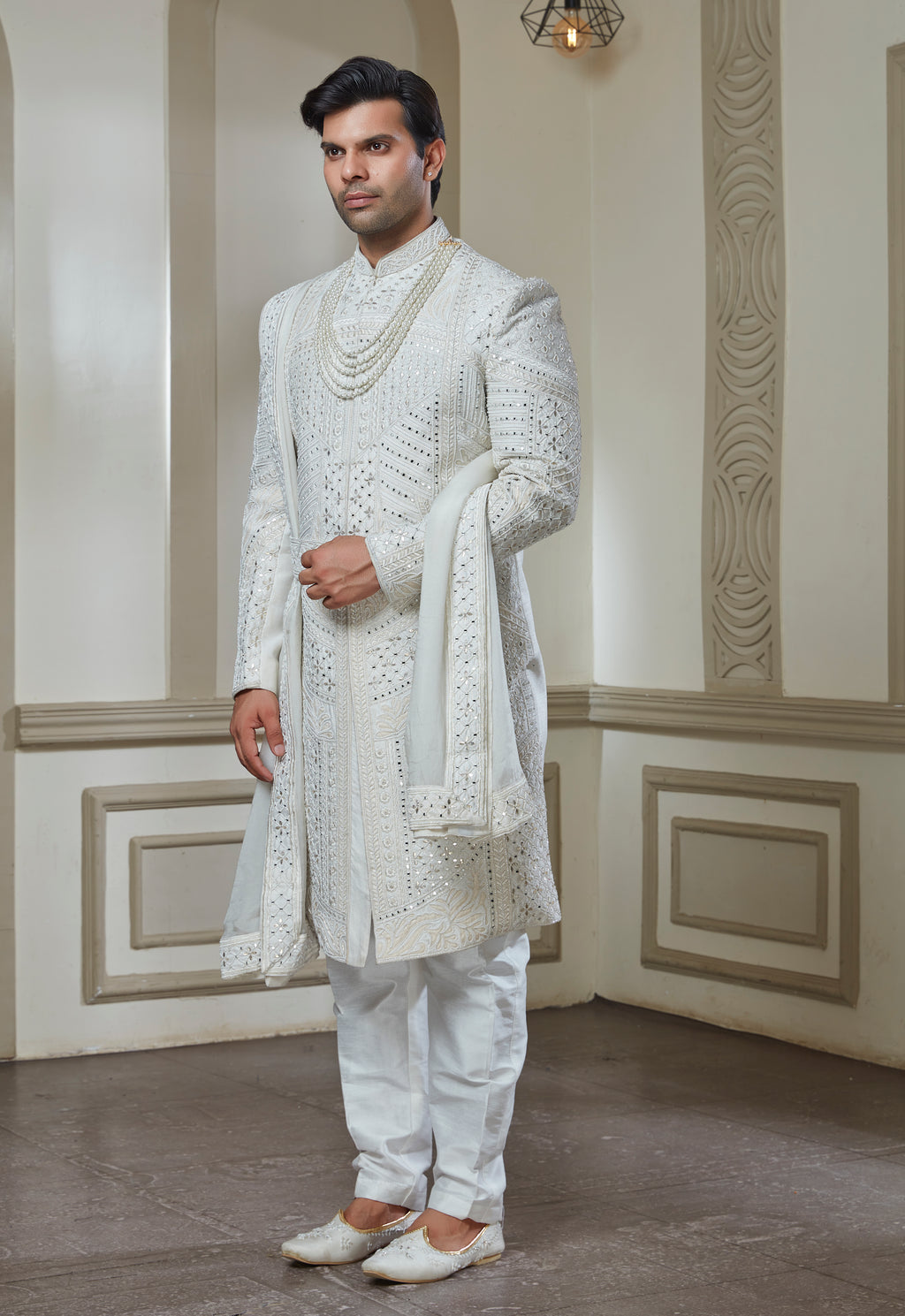 Off White Silk Embroidered Sherwani Set