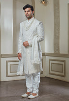 Off White Silk Embroidered Sherwani Set