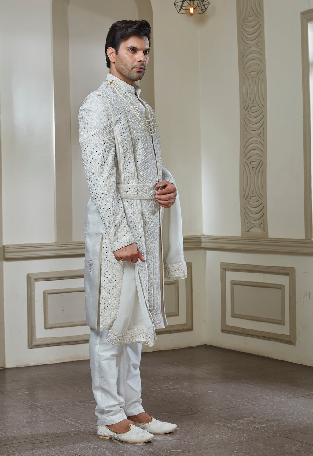 Off White Silk Embroidered Sherwani Set