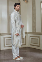 Off White Silk Embroidered Sherwani Set