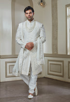 Off White Silk Embroidered Sherwani Set