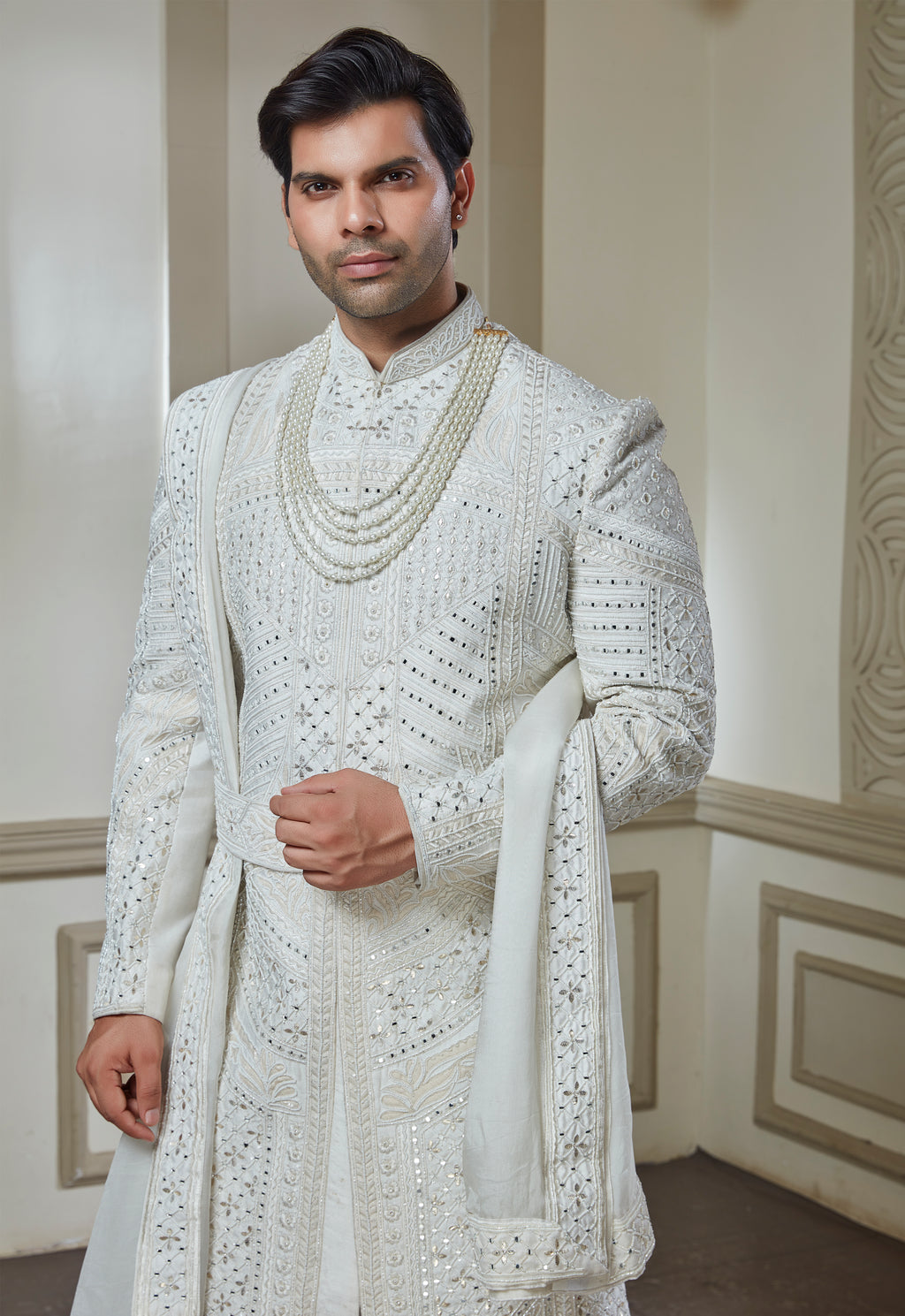 Off White Silk Embroidered Sherwani Set