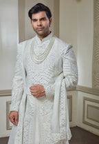 Off White Silk Embroidered Sherwani Set