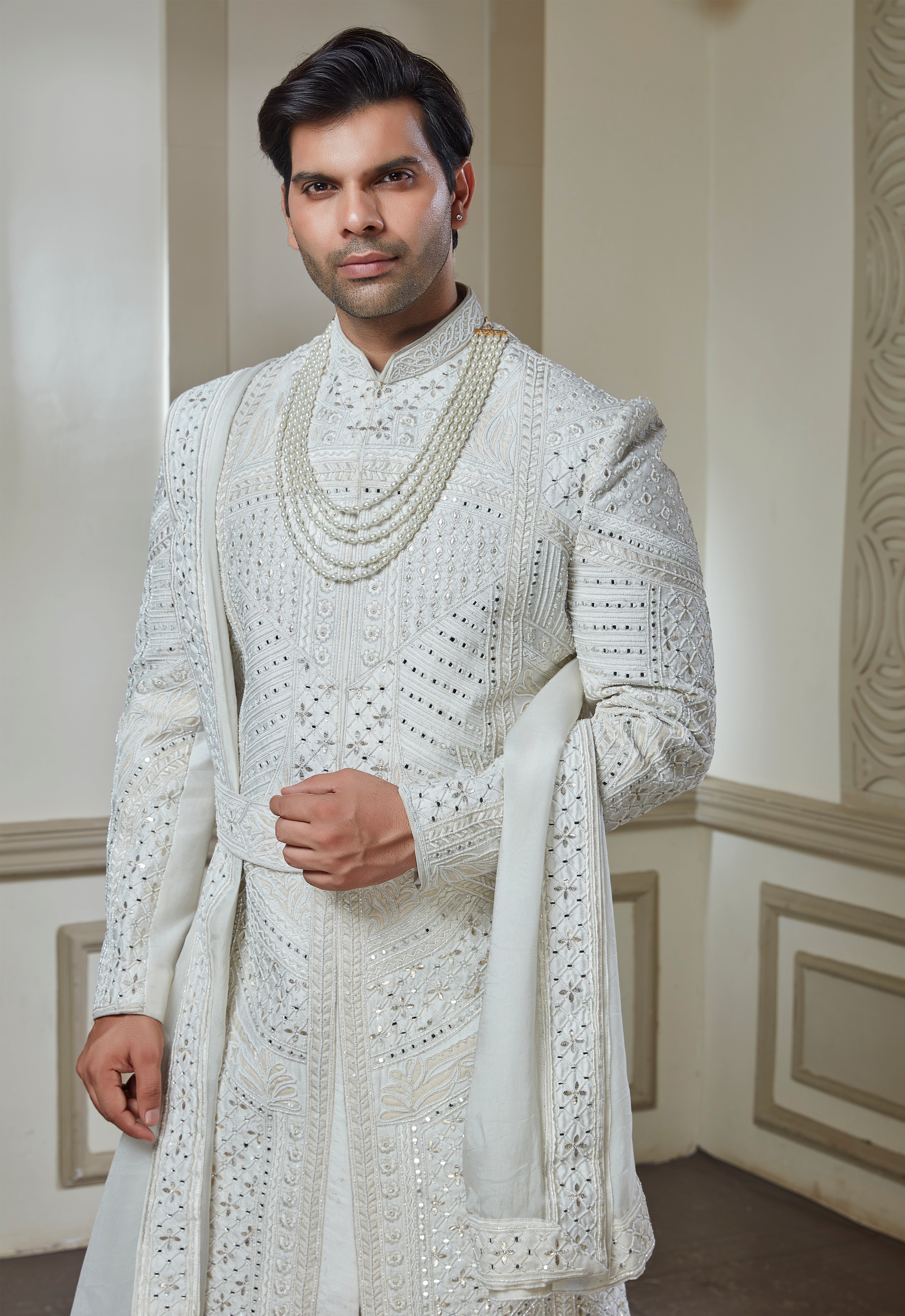 Off White Silk Embroidered Sherwani Set