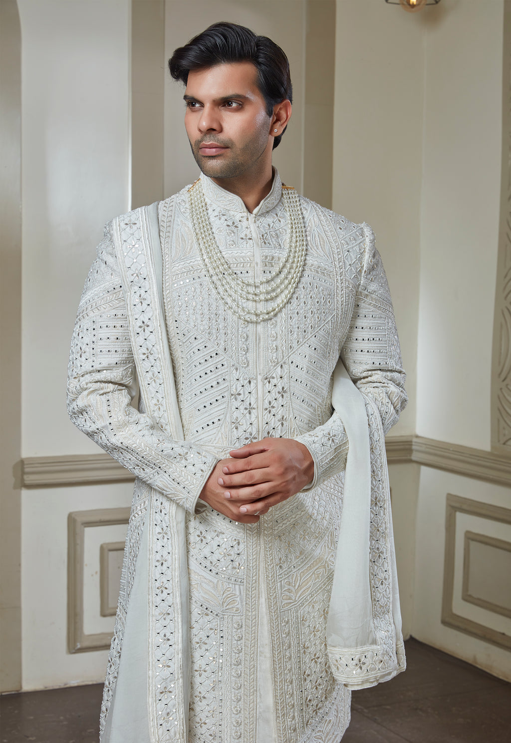 Off White Silk Embroidered Sherwani Set