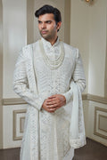 Off White Silk Embroidered Sherwani Set