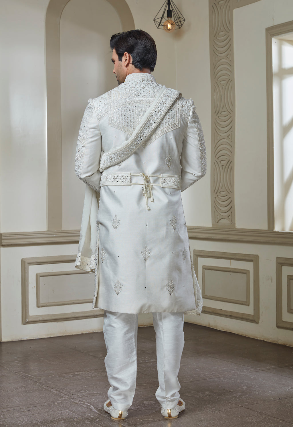 Off White Silk Embroidered Sherwani Set