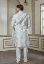Off White Silk Embroidered Sherwani Set