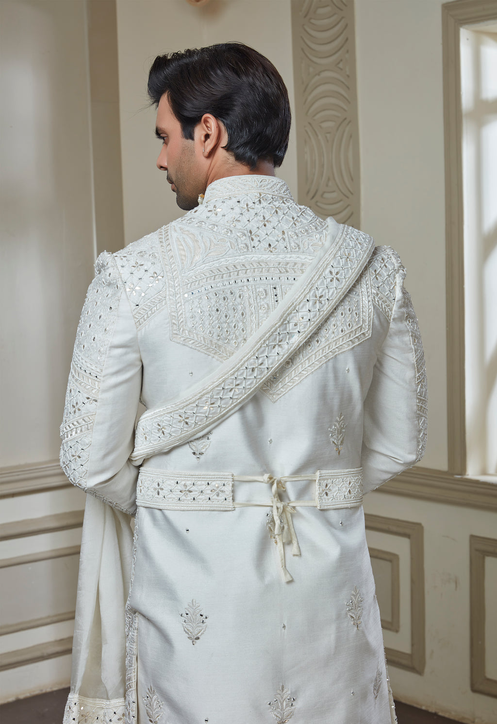 Off White Silk Embroidered Sherwani Set