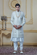 Off White Silk Embroidered Sherwani Set