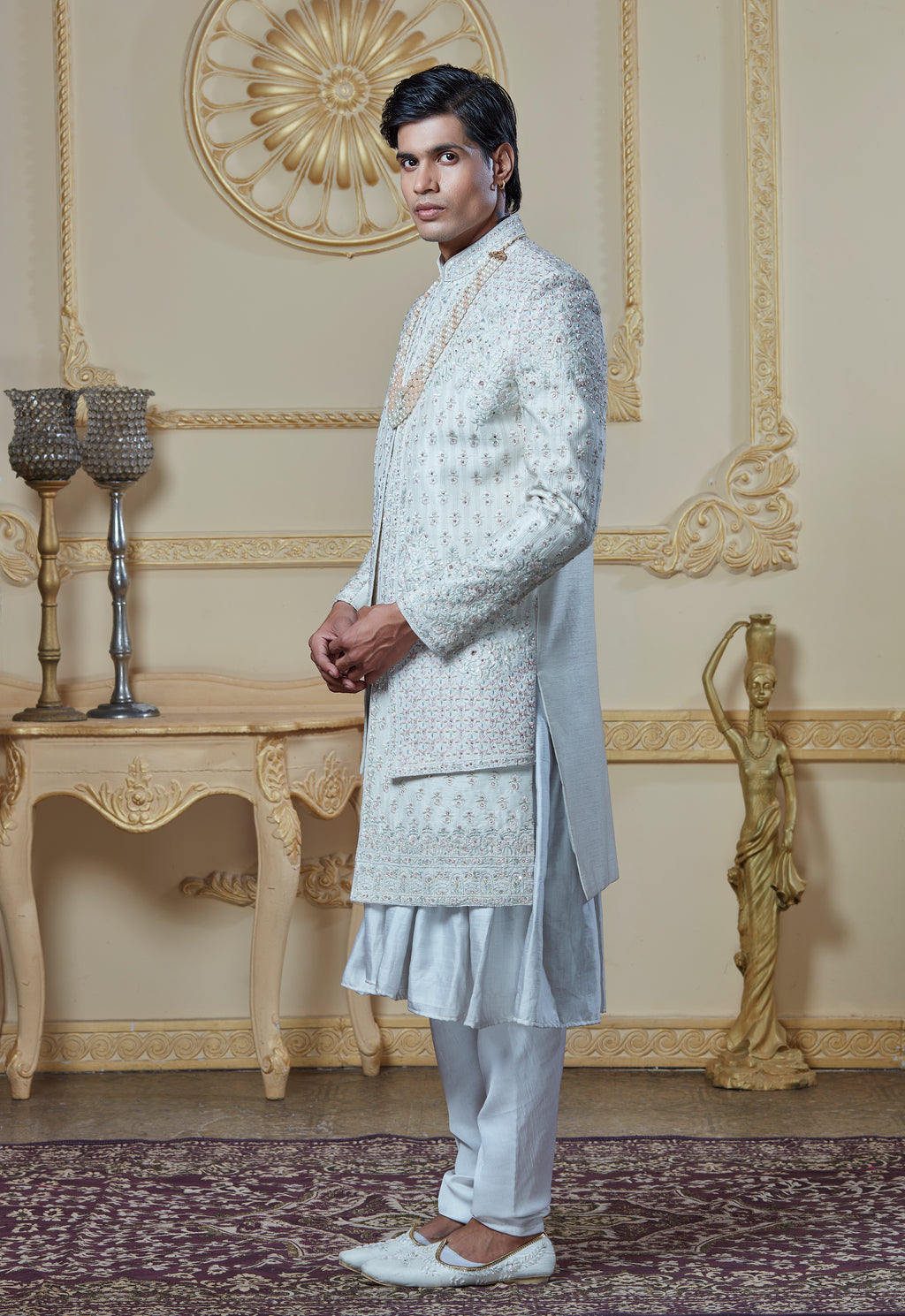 Off White Silk Embroidered Sherwani Set