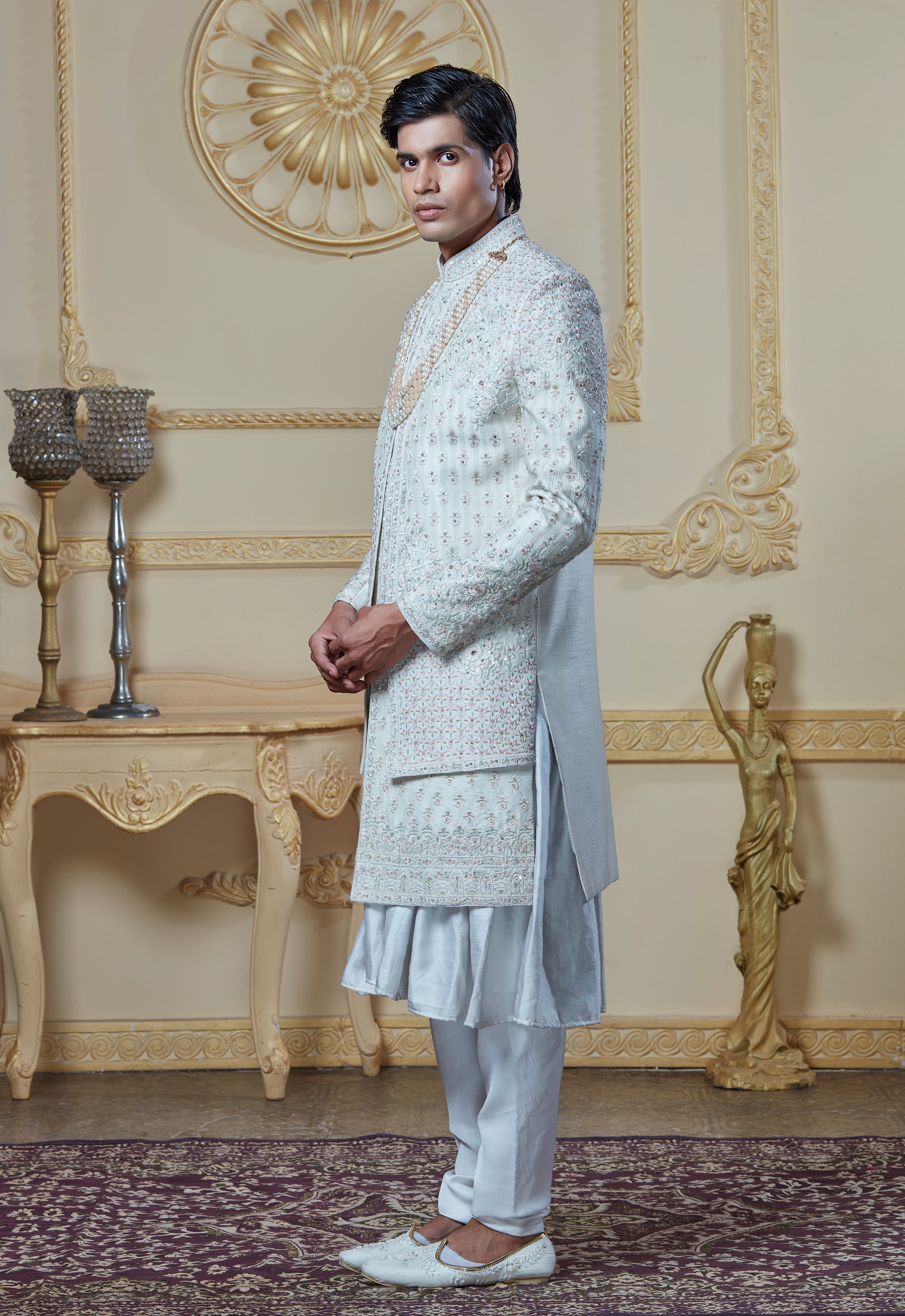Off White Silk Embroidered Sherwani Set