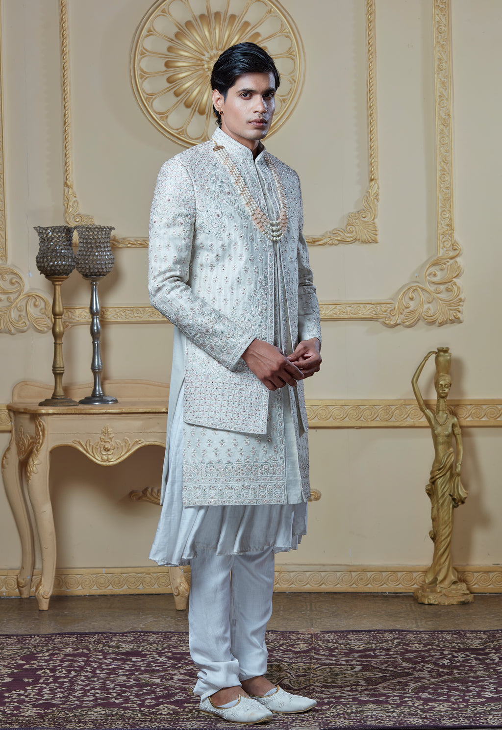 Off White Silk Embroidered Sherwani Set