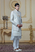 Off White Silk Embroidered Sherwani Set