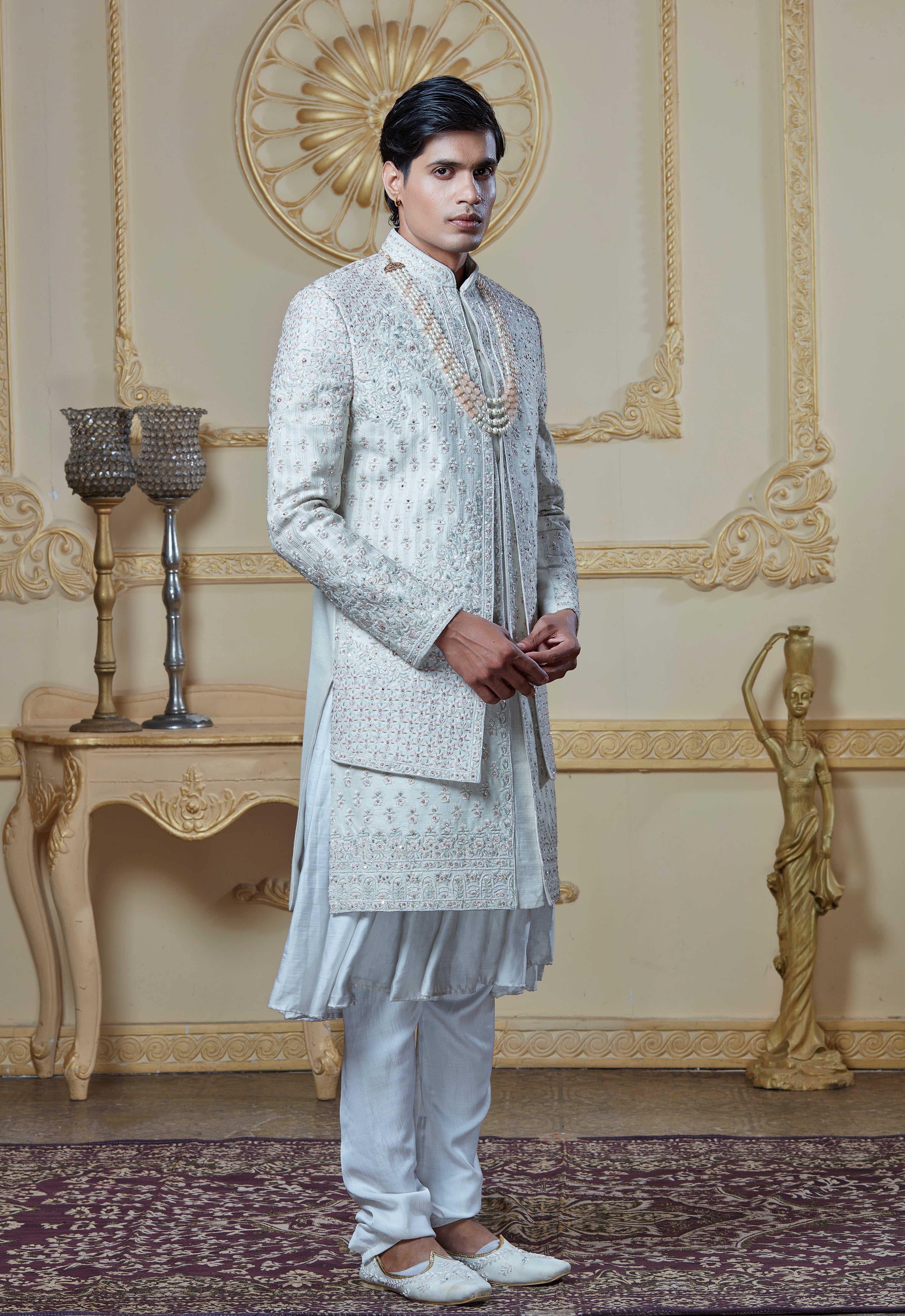 Off White Silk Embroidered Sherwani Set