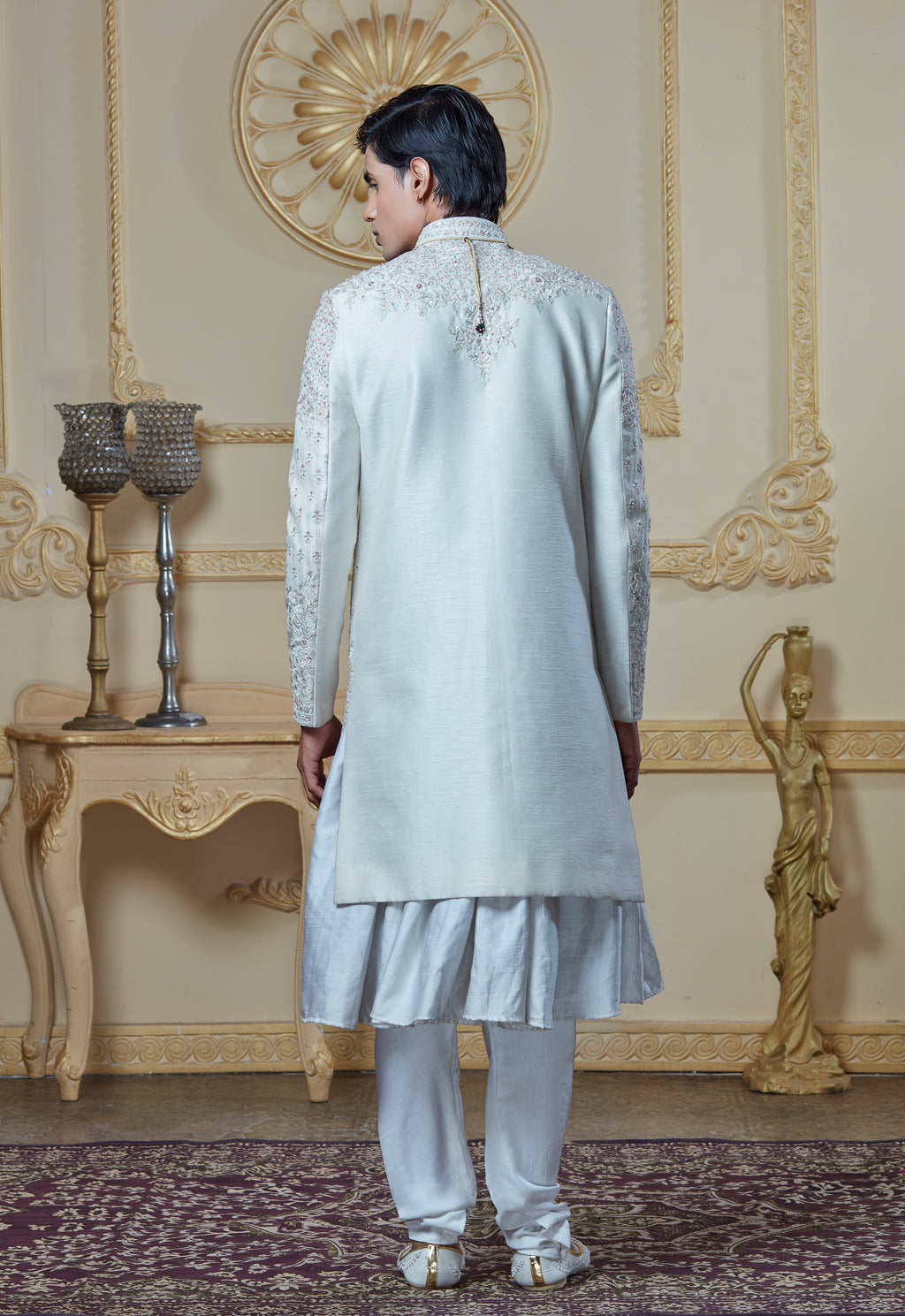 Off White Silk Embroidered Sherwani Set