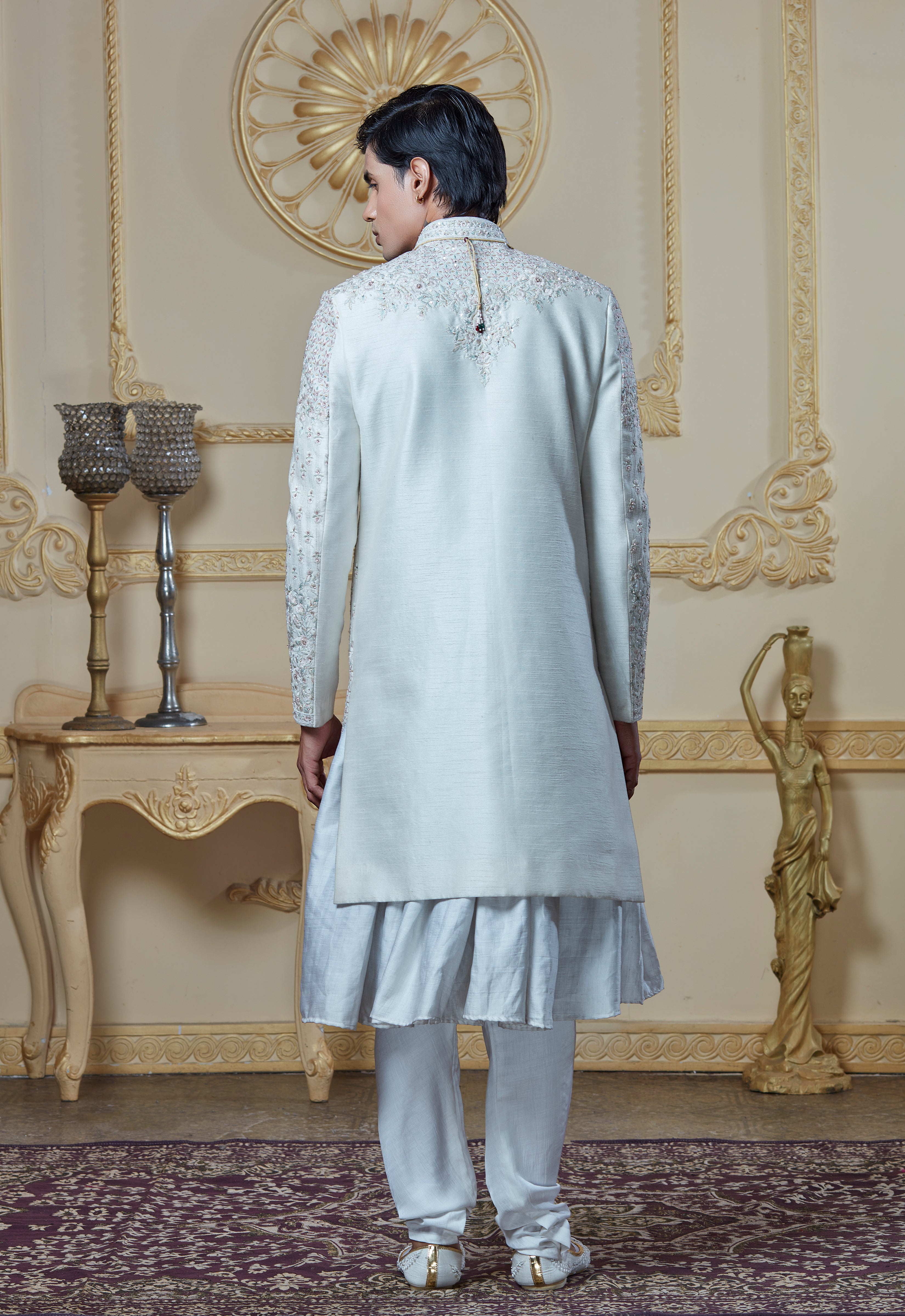 Off White Silk Embroidered Sherwani Set
