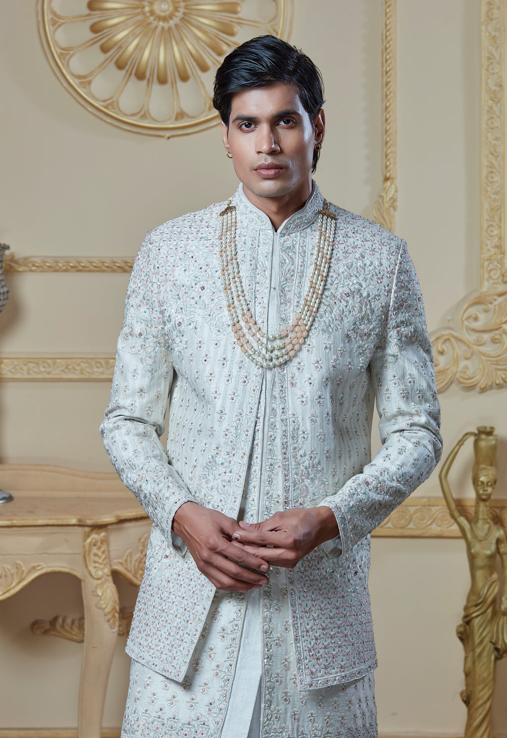 Off White Silk Embroidered Sherwani Set