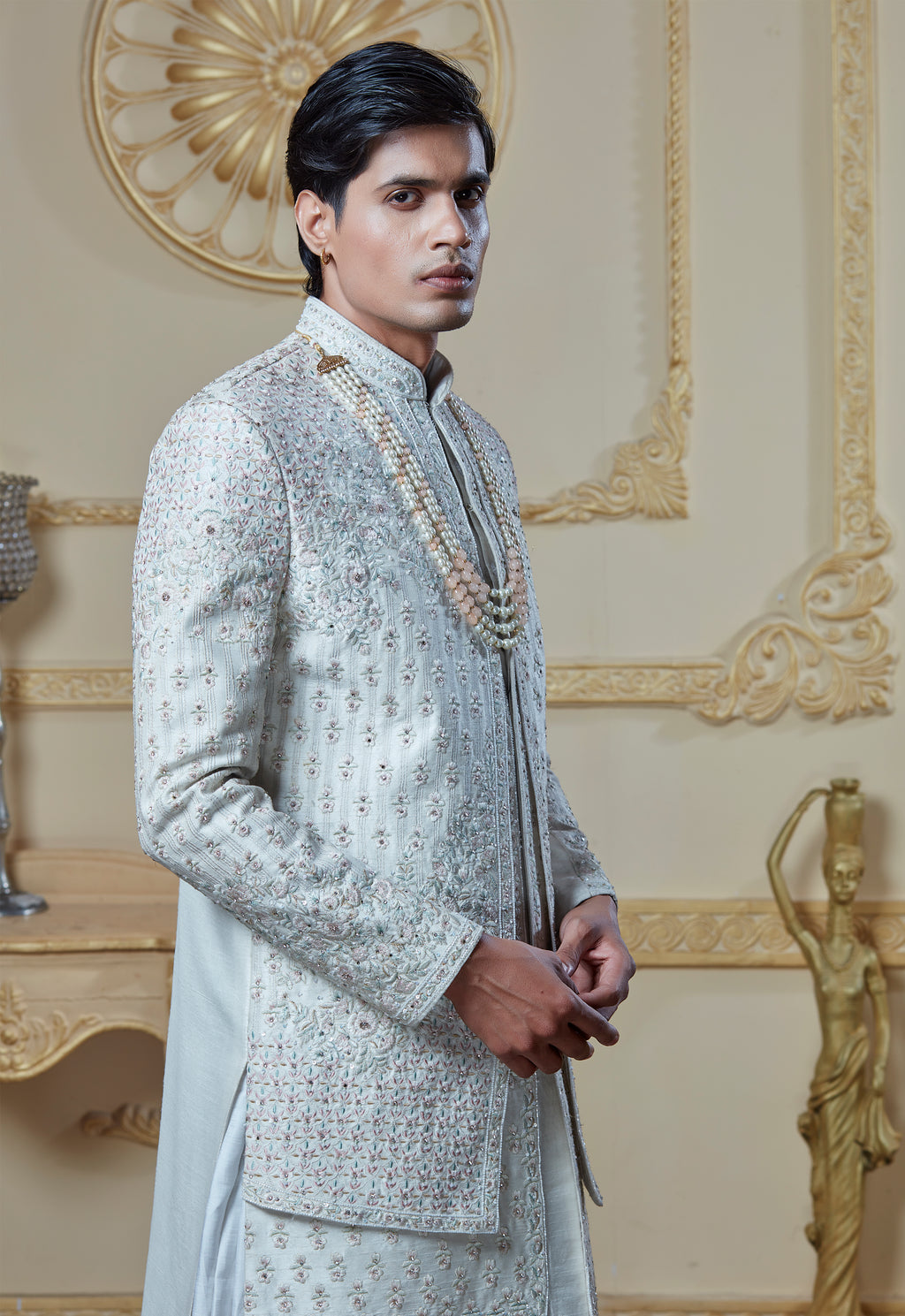 Off White Silk Embroidered Sherwani Set