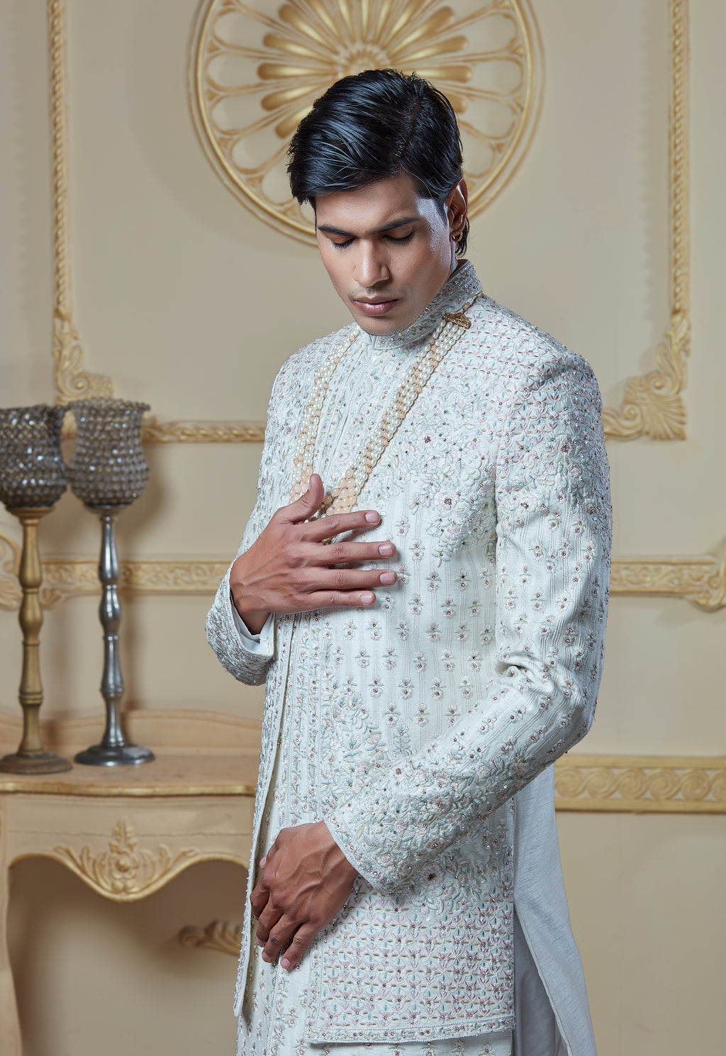 Off White Silk Embroidered Sherwani Set