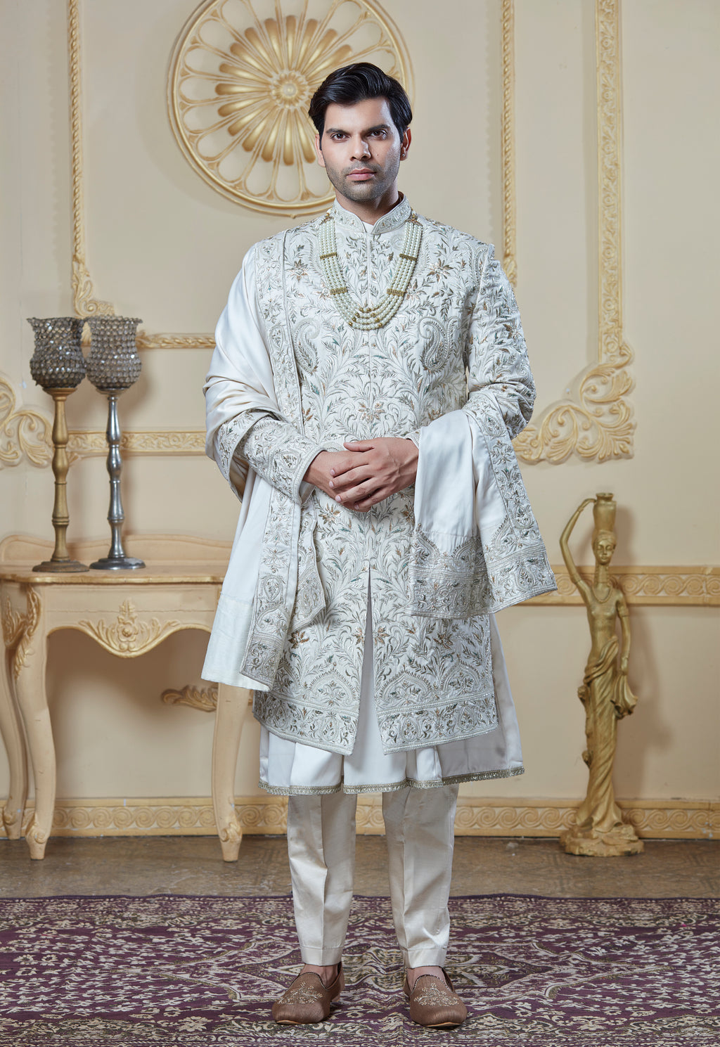 Off White Silk Embroidered Sherwani Set