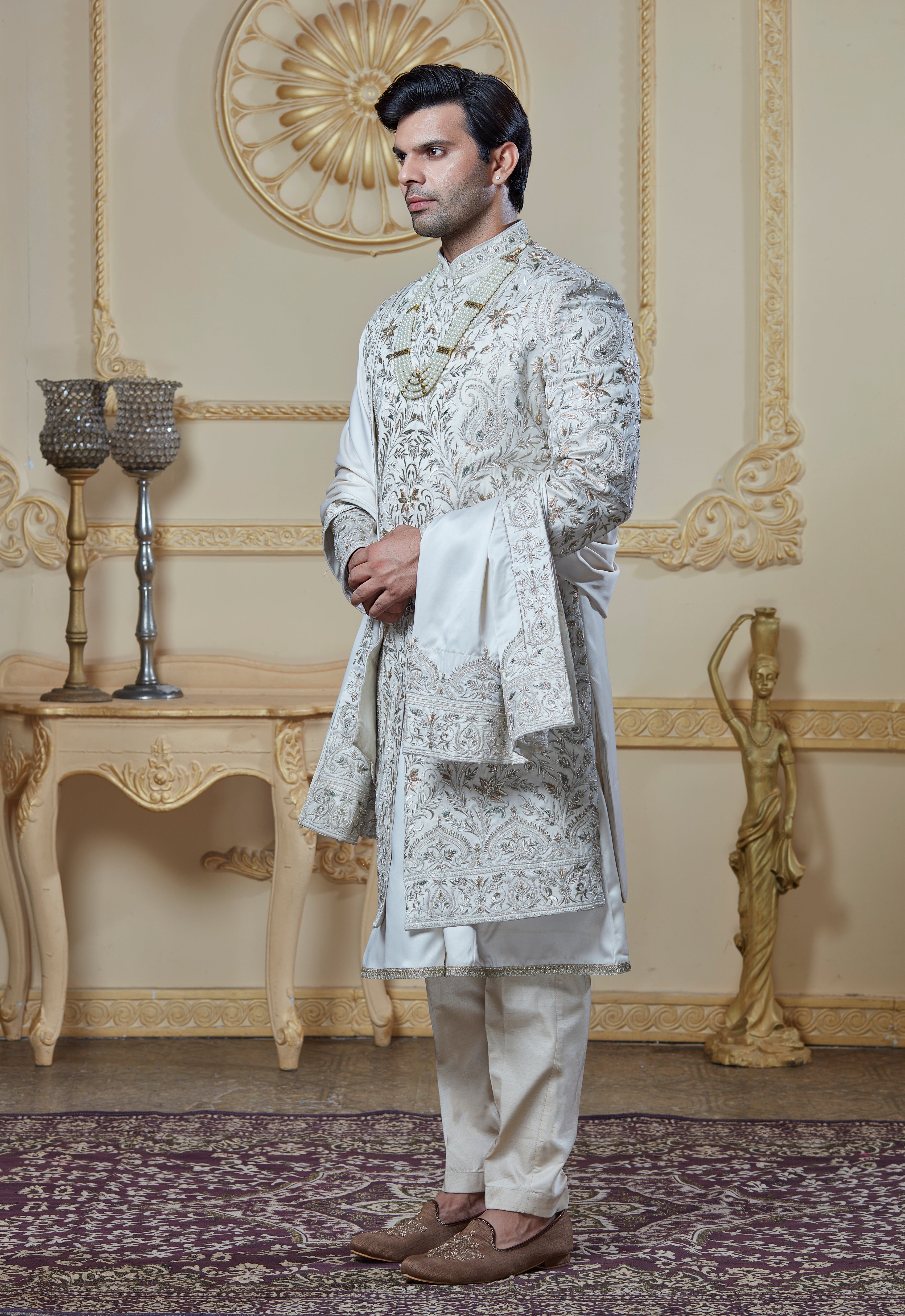 Off White Silk Embroidered Sherwani Set