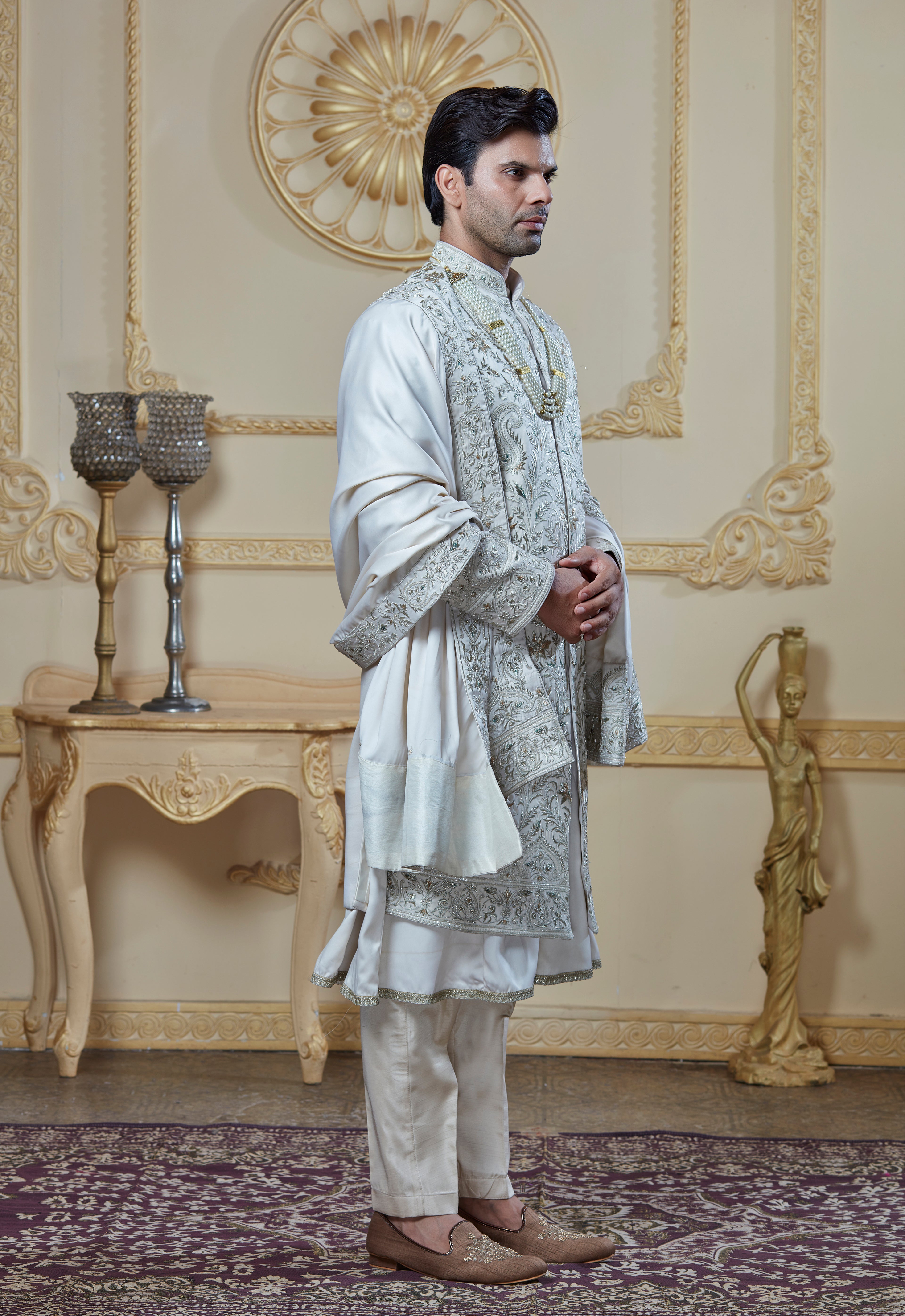 Off White Silk Embroidered Sherwani Set