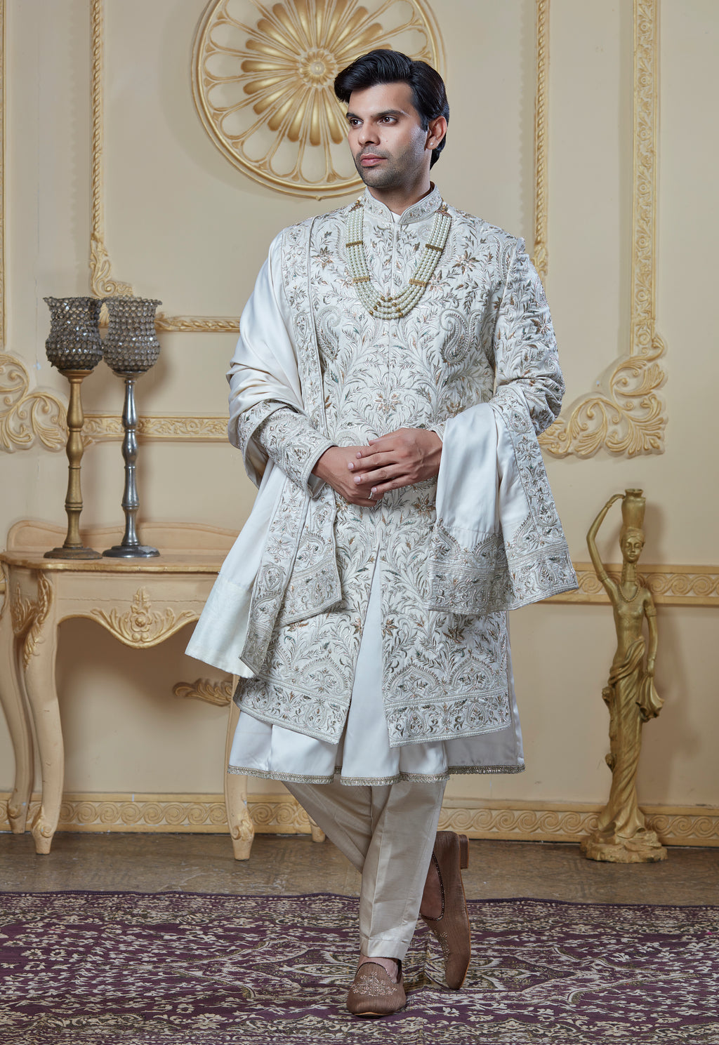 Off White Silk Embroidered Sherwani Set