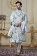 Off White Silk Embroidered Sherwani Set