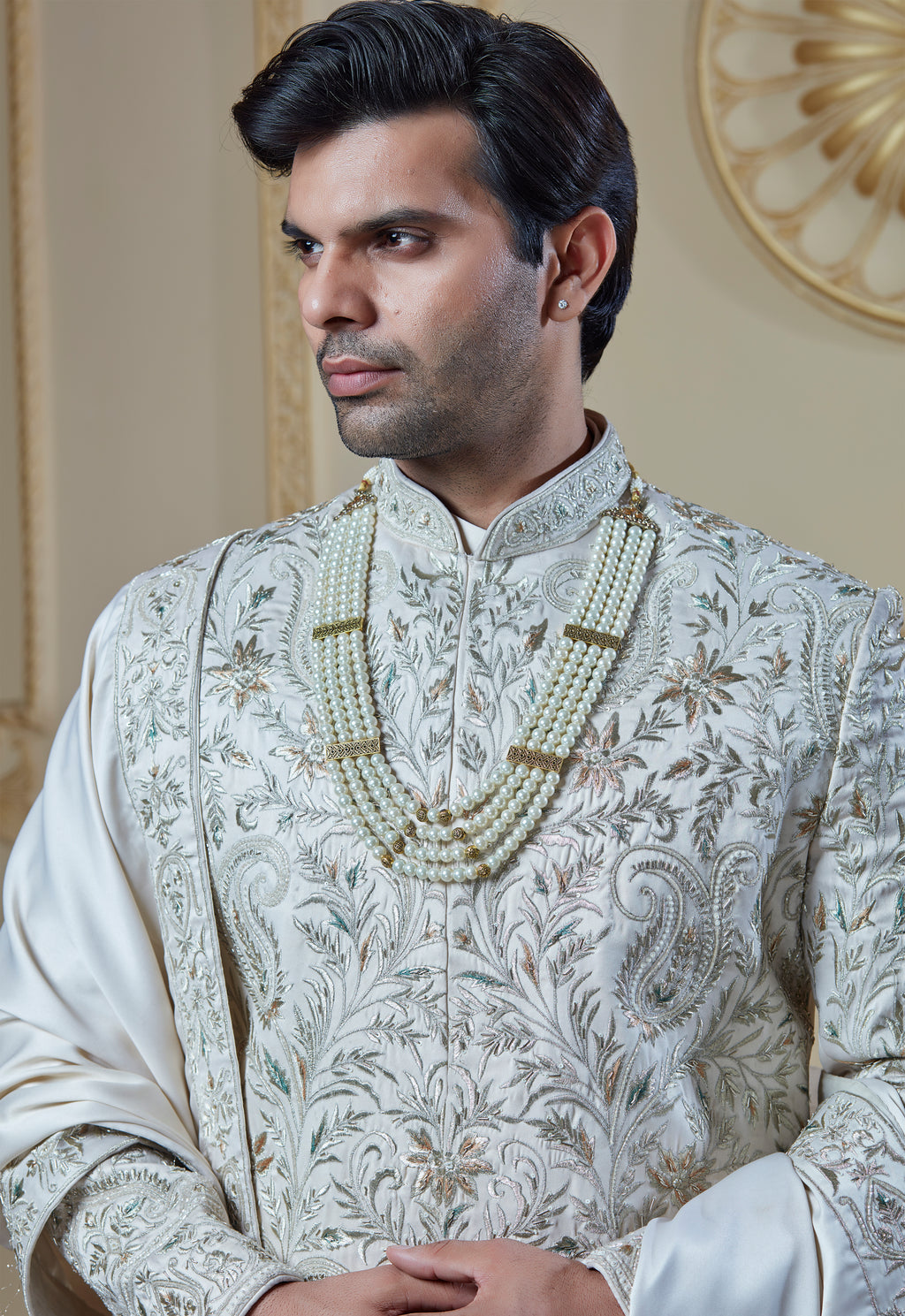 Off White Silk Embroidered Sherwani Set