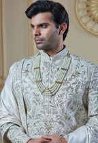 Off White Silk Embroidered Sherwani Set