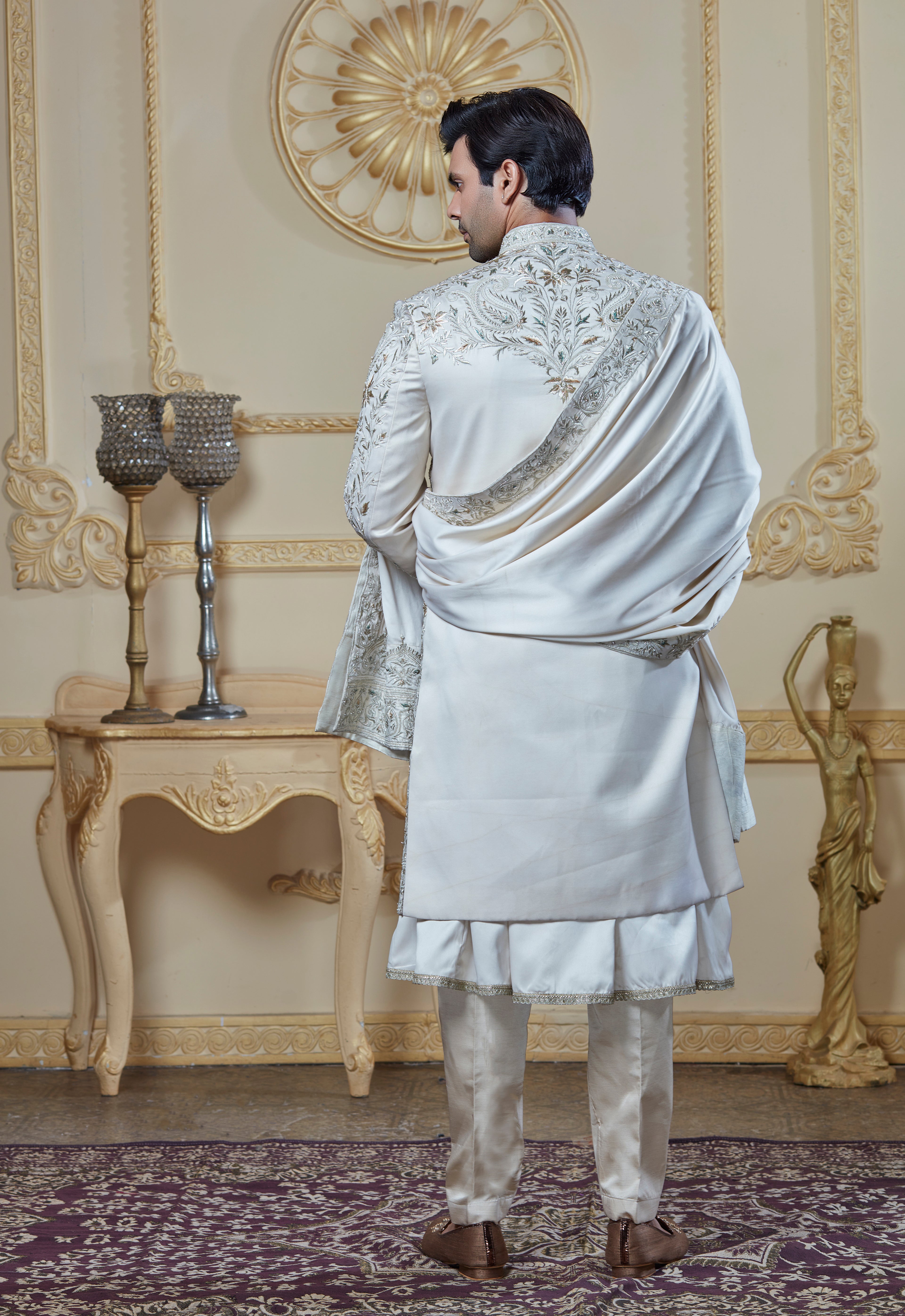 Off White Silk Embroidered Sherwani Set