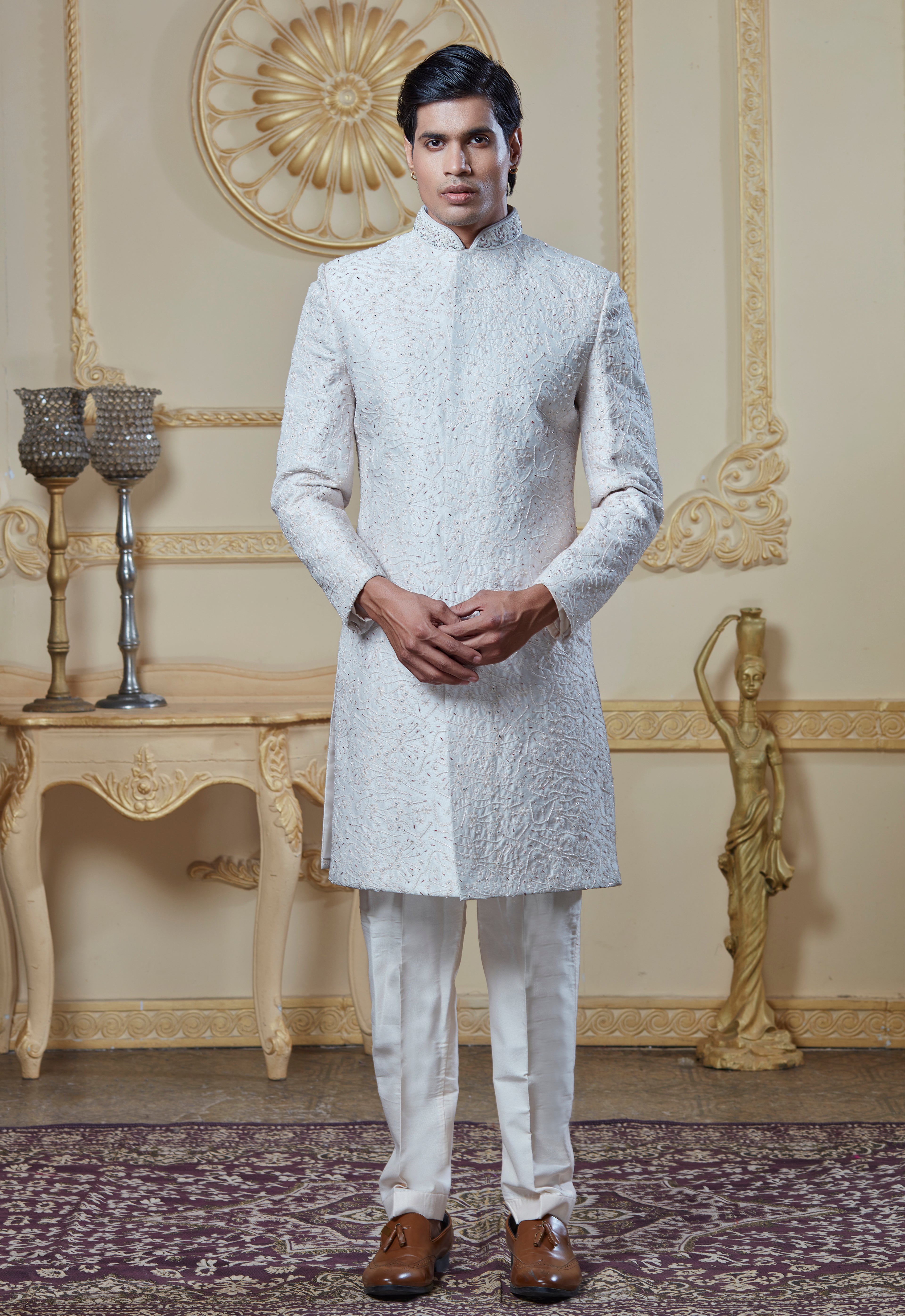 White Embroidered Sherwani Set