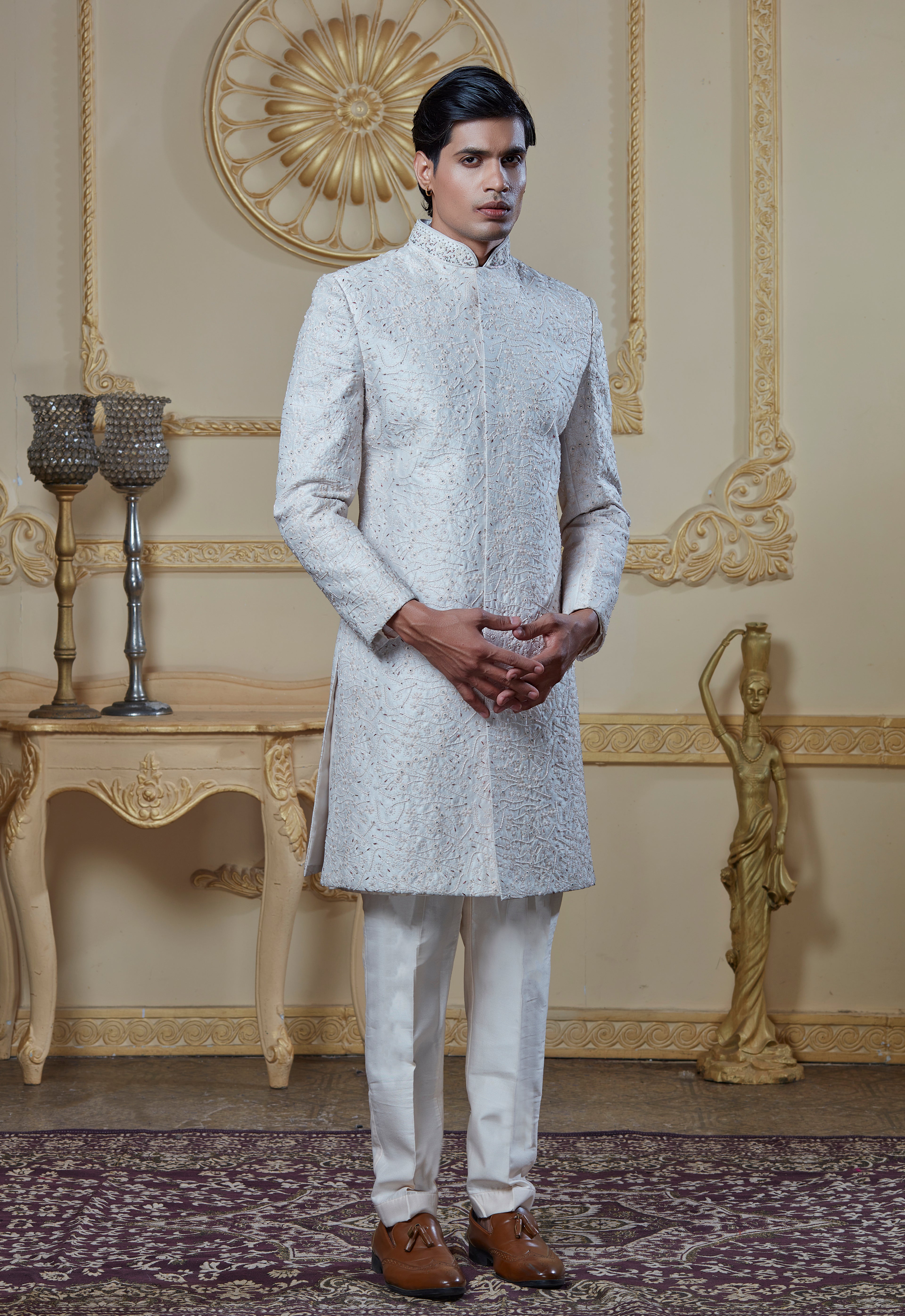 White Embroidered Sherwani Set