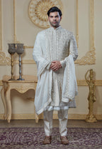 Zardosi Embroidered On Beige Sherwani- 5 Peice Set