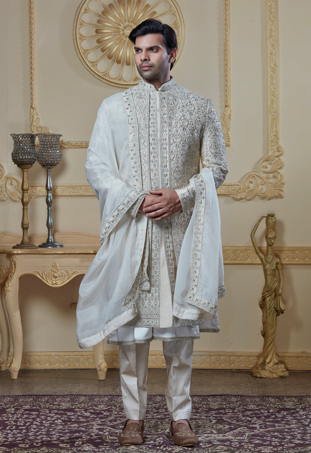 Zardosi Embroidered On Beige Sherwani- 5 Peice Set