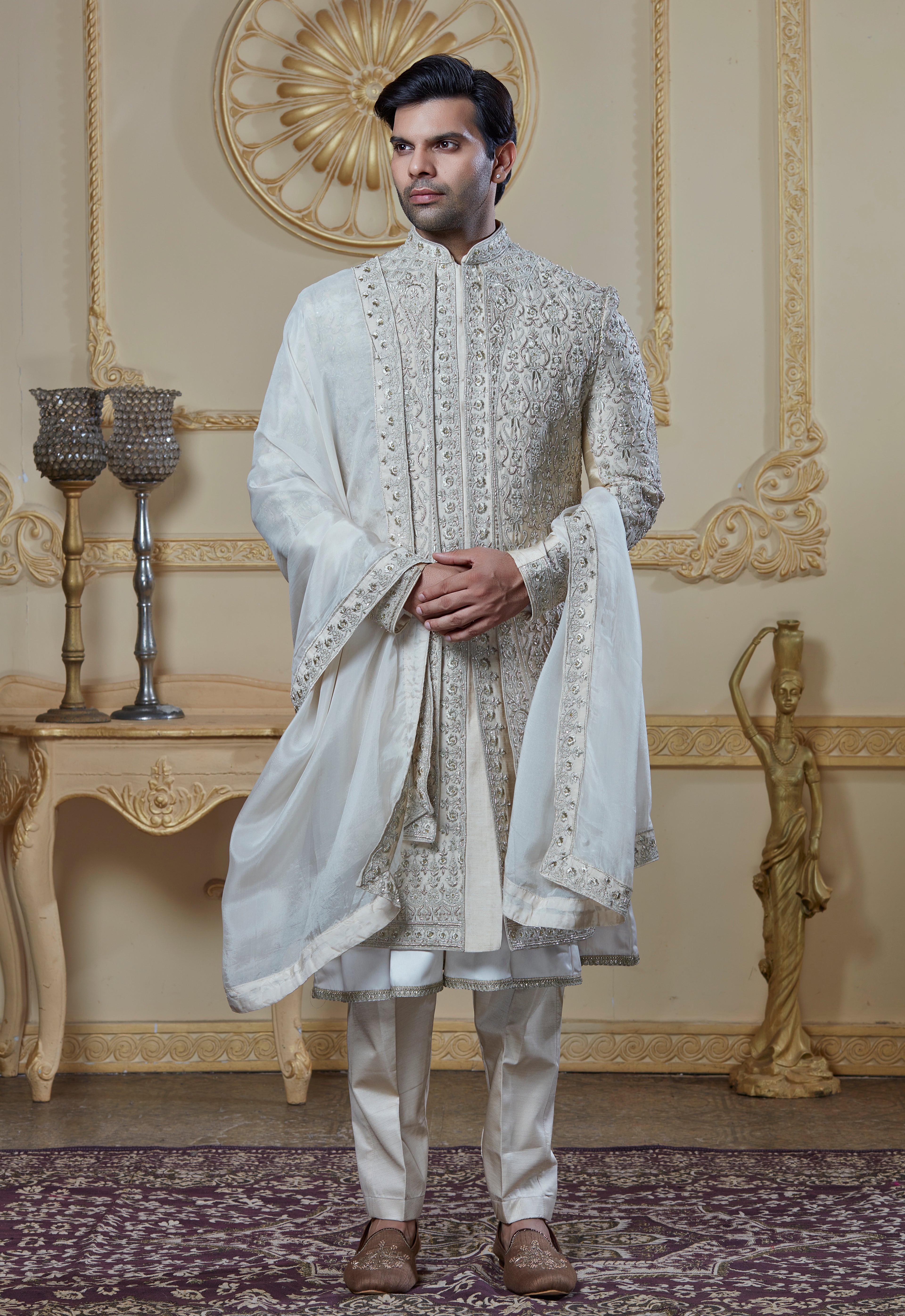 Zardosi Embroidered On Beige Sherwani- 5 Peice Set