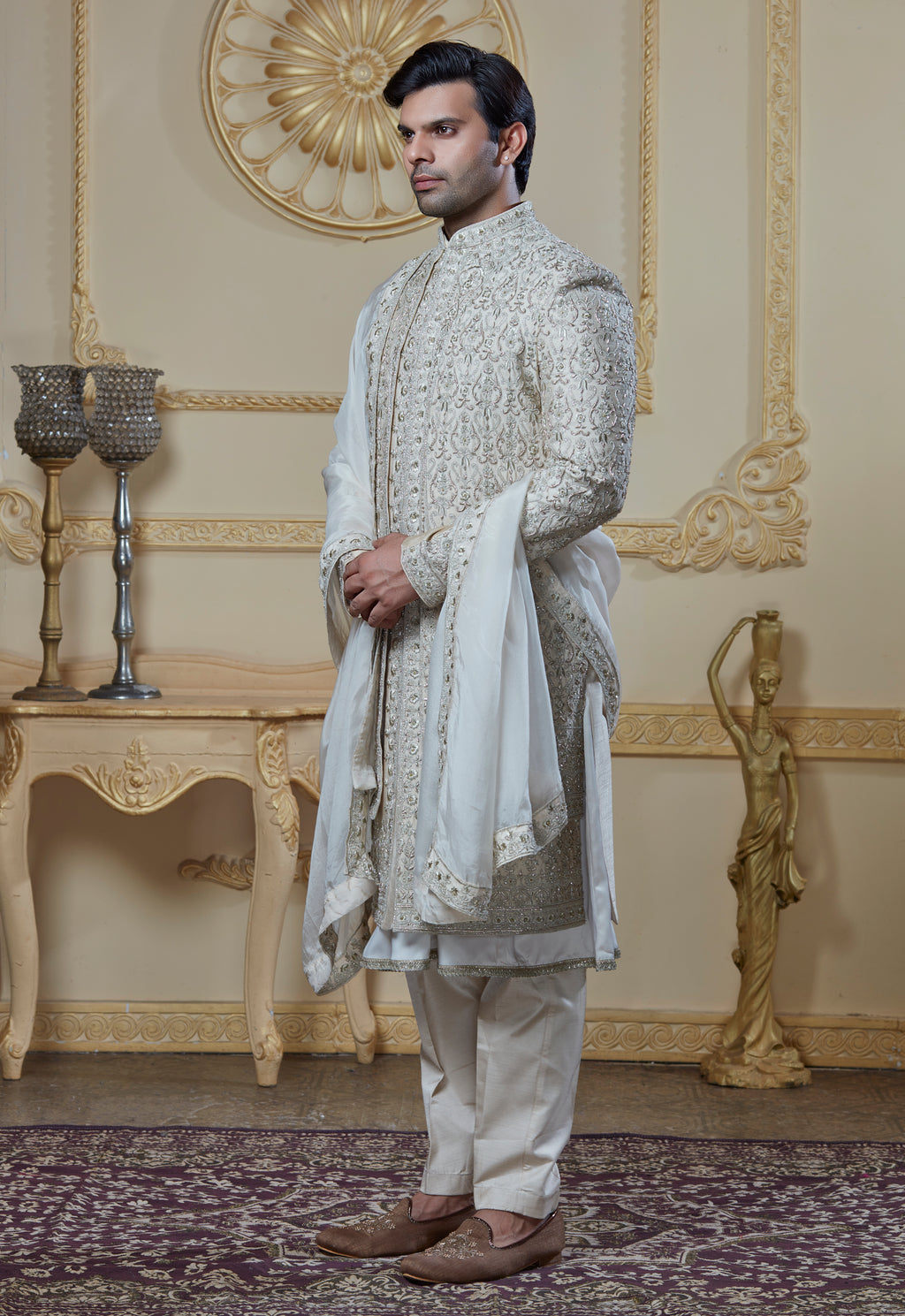 Zardosi Embroidered On Beige Sherwani- 5 Peice Set