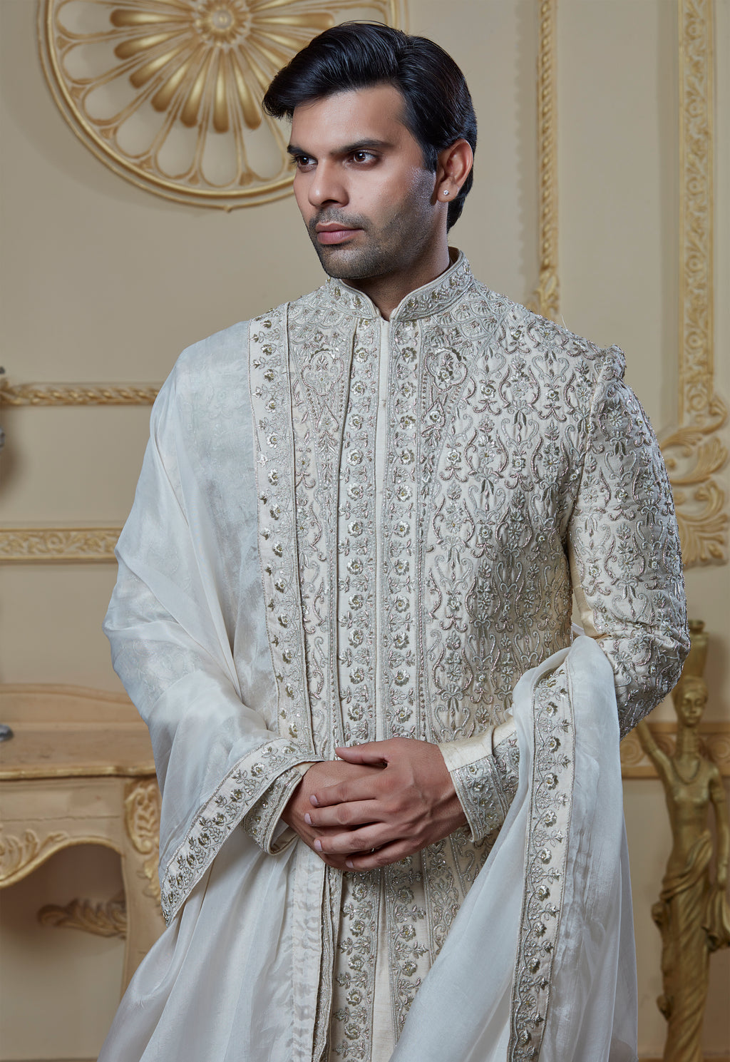 Zardosi Embroidered On Beige Sherwani- 5 Peice Set