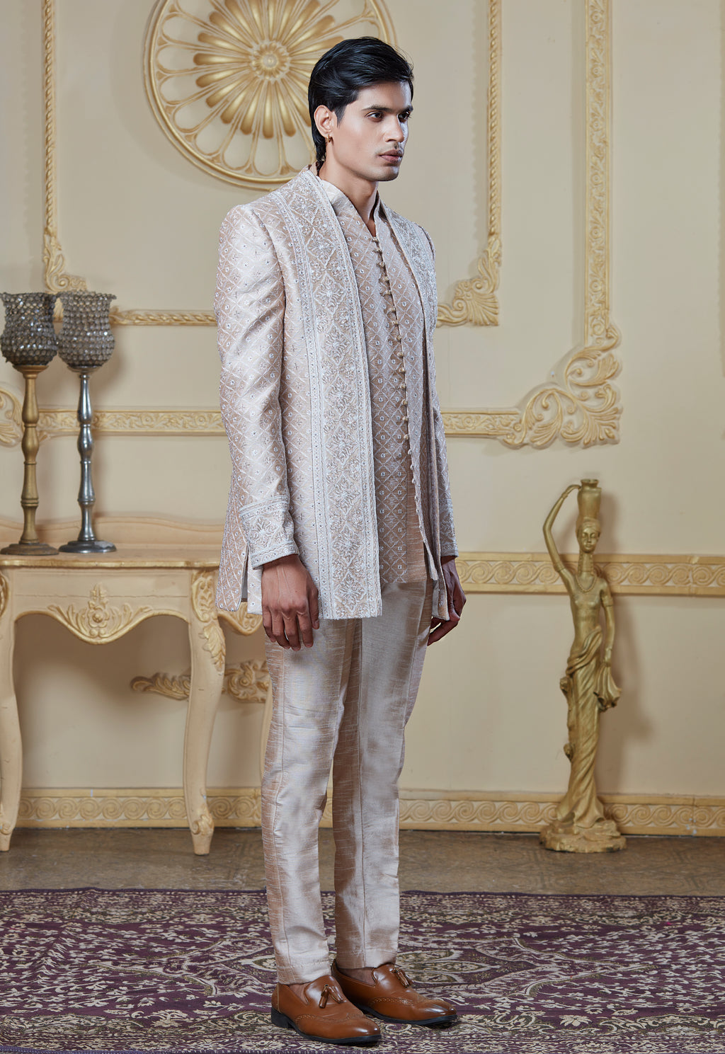 Embroidered Cream Open Jacket And Bandi Set