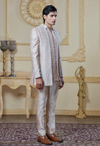 Embroidered Cream Open Jacket And Bandi Set