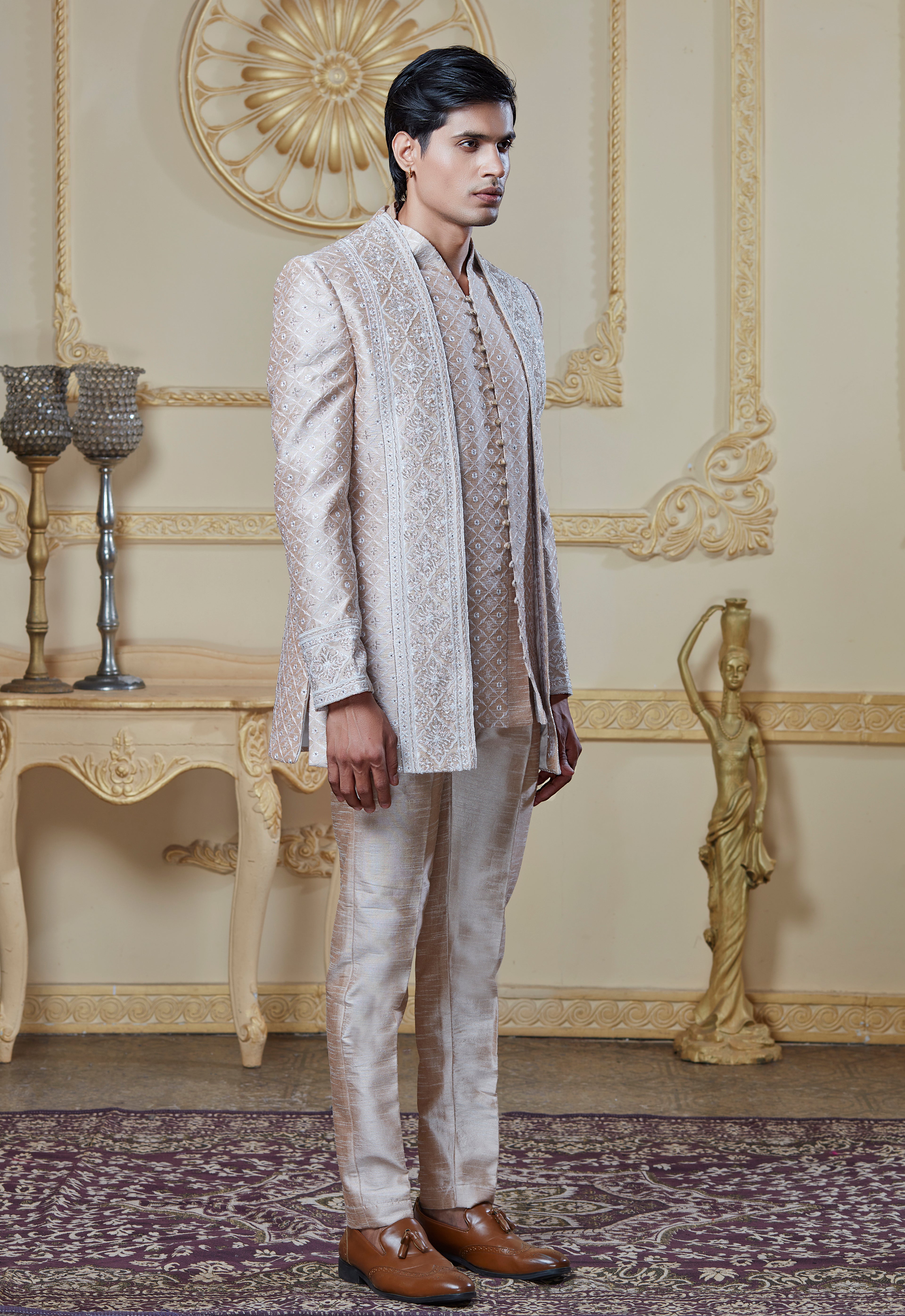 Embroidered Cream Open Jacket And Bandi Set