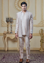 Embroidered Cream Open Jacket And Bandi Set