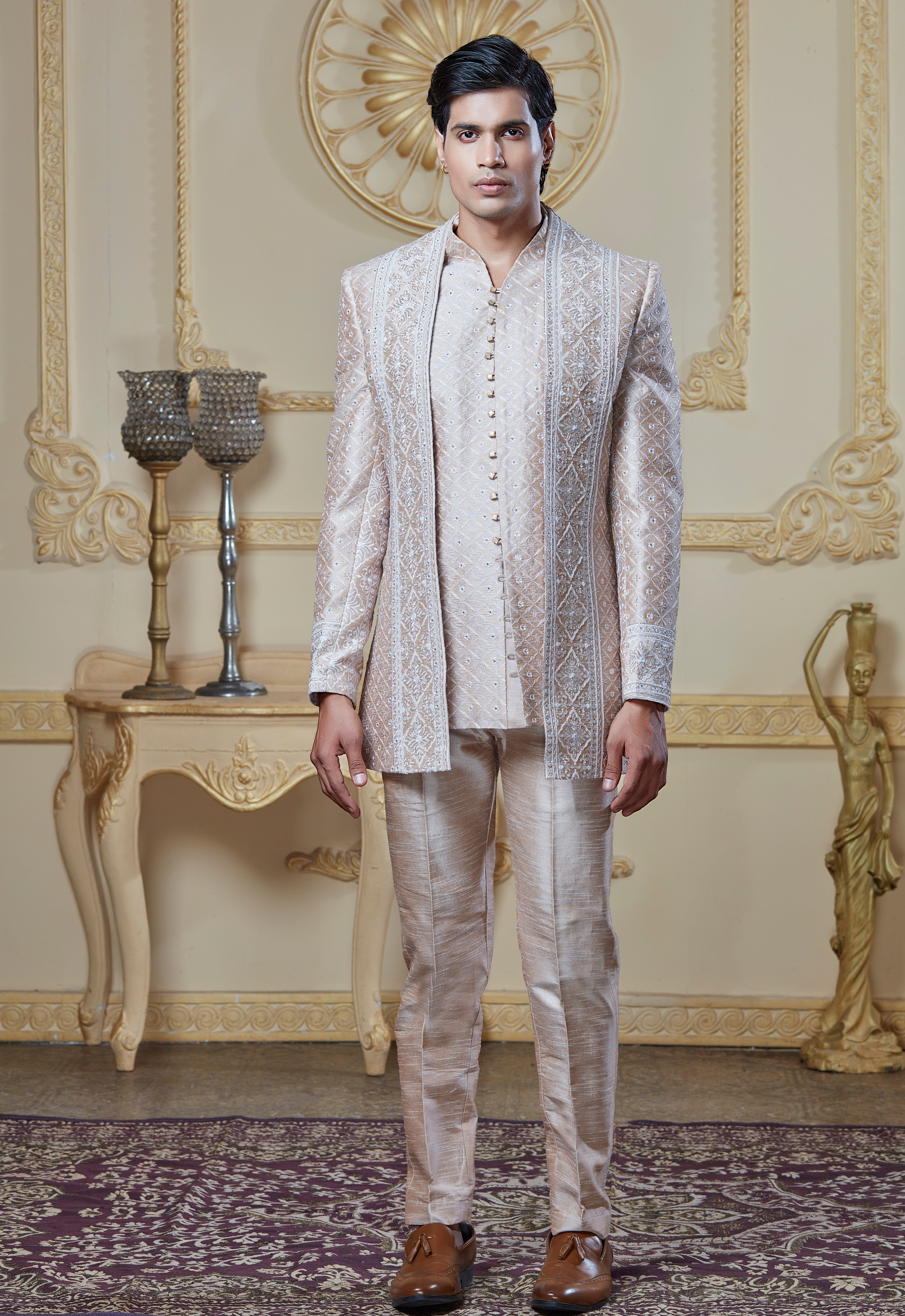 Embroidered Cream Open Jacket And Bandi Set