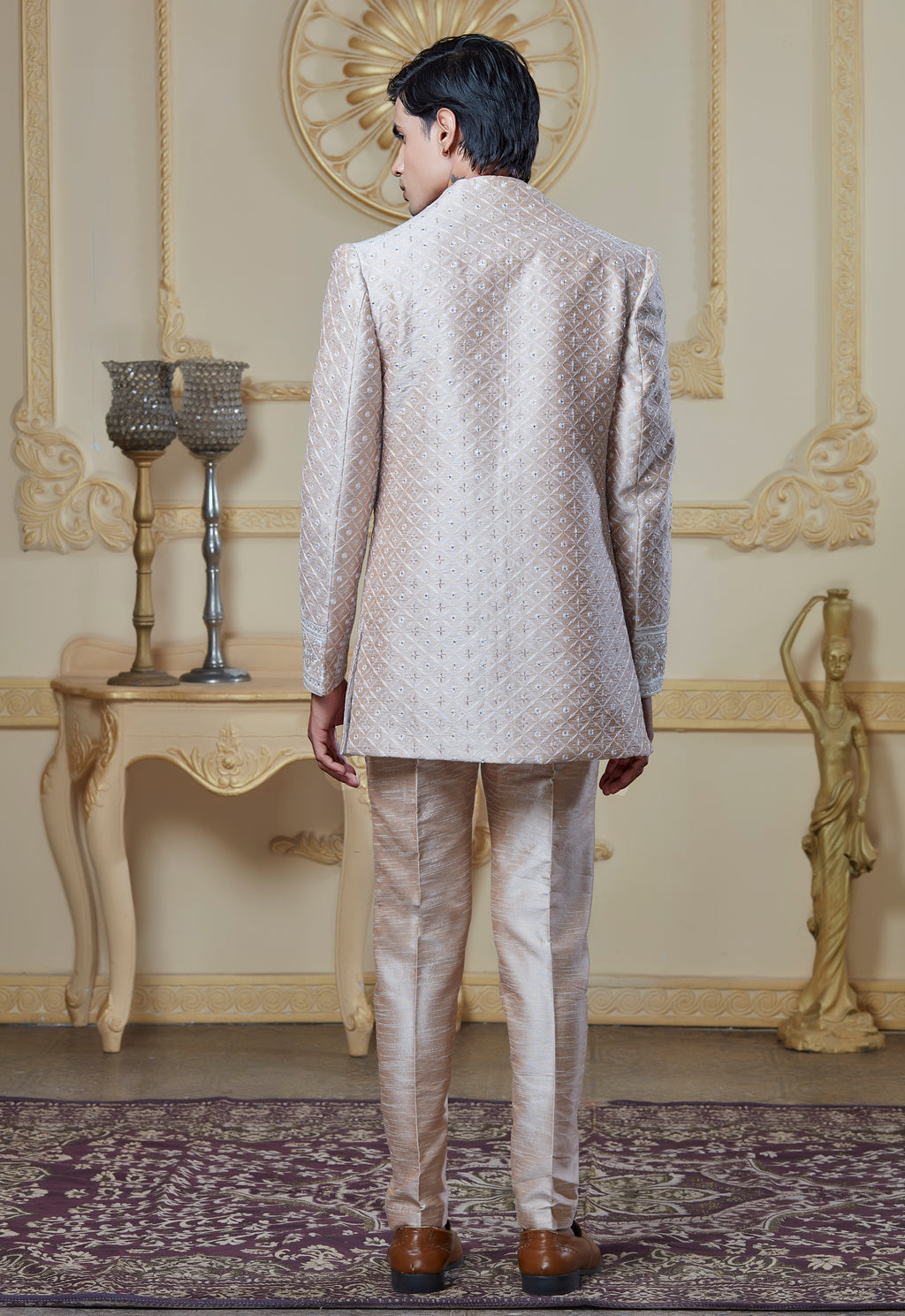 Embroidered Cream Open Jacket And Bandi Set
